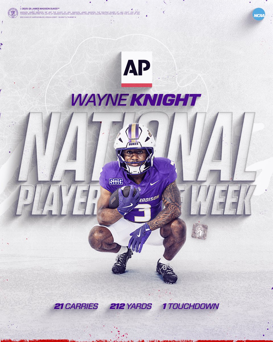 JMUFootball's tweet image. 𝐓𝐇𝐄 Player of the Week.

@Wayneknight25 is Associated Press National Player of the Week after rushing for 212 yards and setting a SBC Championship record with 234 all-purpose yards in last Friday's title win.

📰 tinyurl.com/27zjed7l

#GoDukes