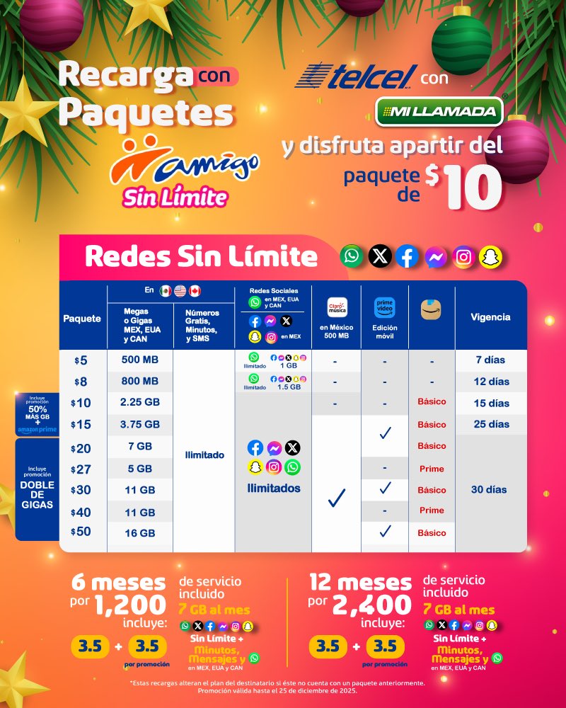 ¡Disfruta la Navidad en México #SINLÍMITES!🎄✨

📲Regala #PaquetesTelcel Amigo desde $10 y obtén:
❄️ Minutos/Msjs GRATIS a MEX/EUA/CAN.
❄️ Redes Sociales Ilimitadas .

¡Hasta Doble de Gigas! 🤯

Recarga HOY: usamillamada.com 

#MexicanosEnUSA #HolidaySeason #LifeInUSA
