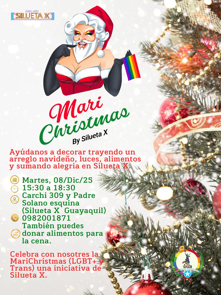 🏳️‍🌈🏳️‍⚧️¡Llegó la #MariChristmas by #SiluetaX! 

¿Cómo puedes participar? Trae un arreglo navideño, luces o alimentos para sumar a la decoración y a la cena comunitaria. ¡Tu aporte cuenta mucho!

¡Hagamos comunidad en este espacio seguro para jóvenes LGBT+ y Trans! 🏳️‍⚧️