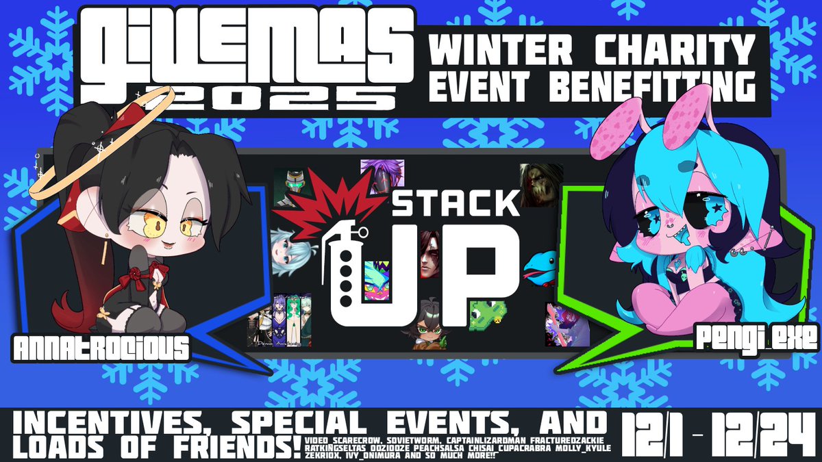 🌟GIVEMAS WEEK TWO🌟
MON || <a href="/Video_Scarecrow/">Video_Scarecrow 📼🔪</a>| 8 PM |
WED || Winterburrow | 11 AM |
THURS || 12 Tier Lists of Xmas | 11 AM | Nuclear Nightmare | 6 PM |
FRI || <a href="/Hectic_Wizard/">Hectic The Wizard</a>| NOON | <a href="/ProfessorZackie/">Professor Zackie (Game Dev)</a>| 6 PM | <a href="/Zekriox/">Zekriox 🌌 (Space-Vtuber) 🇵🇷</a>| 7 PM |
SUN || Tricky Madness | 11 AM |  Winter Games | 5 PM |