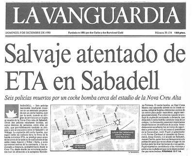 CCivicaCatalana's tweet photo. Hoy hace 35 años ETA asesinó en Sabadell a 6 policías nacionales. Murieron quemados vivos. Varios cuerpos no pudieron separarse de la chatarra.

Hoy miembros de aquella banda son recibidos como héroes en manifestaciones separatistas y con alfombra roja en el parlamento catalán. https://t.co/z88qNTCrmy