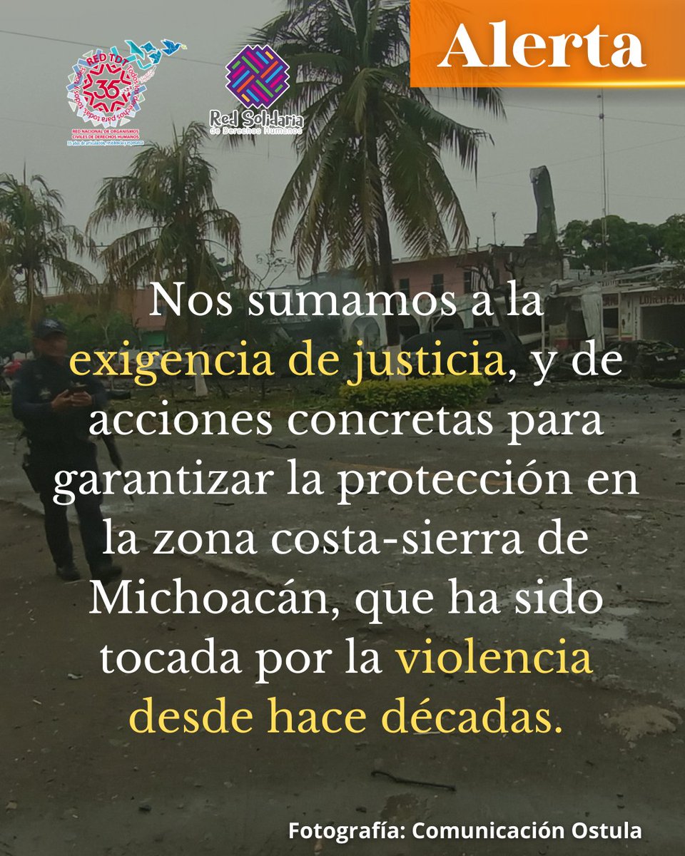 Alerta| Ante los recientes ataques la <a href="/redsolidariaDH/">Red Solidaria de Derechos Humanos</a> y la Red TDT nos sumamos a la exigencia de justicia por Coahuayana y llamamos al <a href="/GobiernoMX/">Gobierno de México</a>  y al <a href="/GobMichoacan/">Gobierno de Michoacán</a>  a tomar acciones inmediatas para brindar la protección necesaria.

¡Justicia!