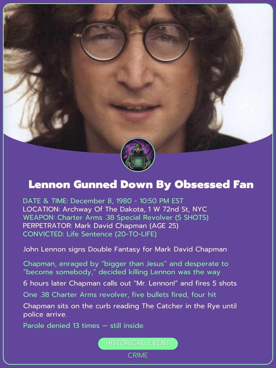 Dec 8 1980: John Lennon tucked 5-year-old Sean in, shot the Rolling Stone cover naked with Yoko, then signed an album for a quiet fan outside the Dakota. Hours later that same fan said “Mr. Lennon” and fired five .38 slugs into his back. Four tore through the man still singing
