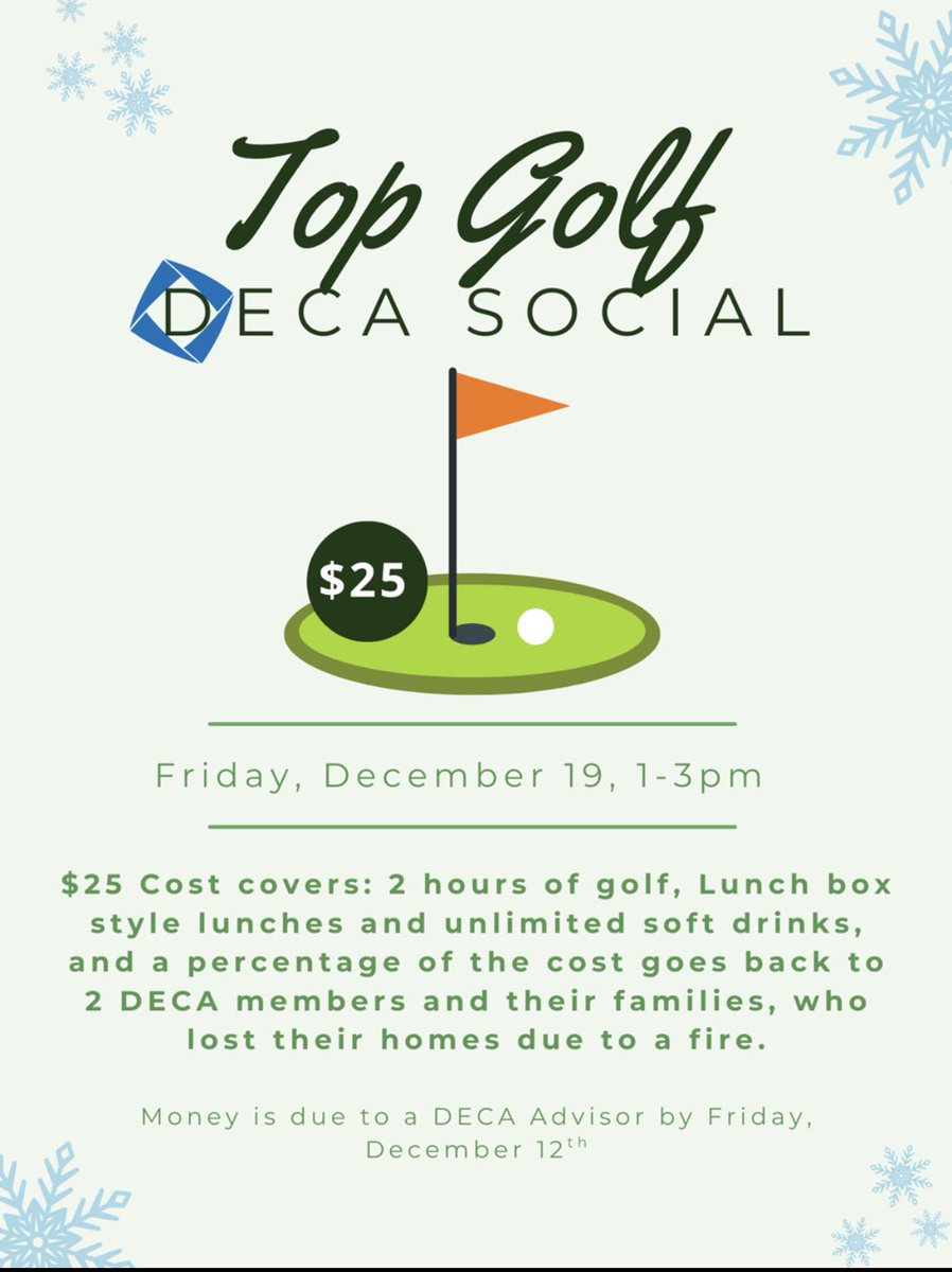 Join us on Friday, December 19, for our Top Golf Social to support DECA families who have lost their homes due to fires. The cost is $25 per person, and money is due by Friday, December 12. We hope to see you there for a fun time!