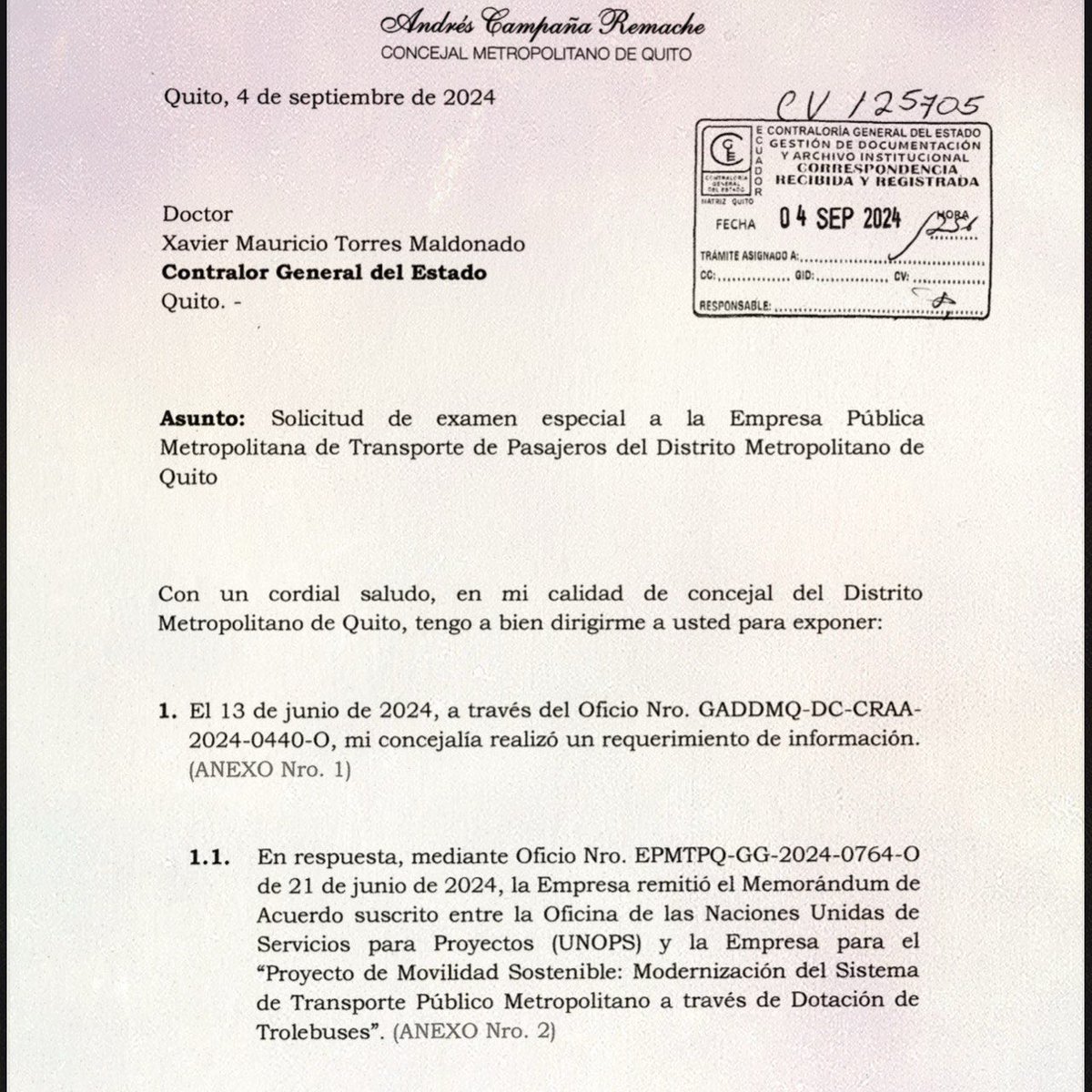 campanaUIO's tweet photo. Como concejal he ejercido, con firmeza, mi facultad de fiscalización y he remitido varios pedidos de exámenes especiales a la Contraloría General del Estado

En septiembre de 2024 solicité auditorías tanto del Metro de Quito como a la compra de los 60 trolebuses

En ambos casos hay un mismo patrón: la evasión de los procesos de contratación pública

Tal como ya determinó la Contraloría en el Metro, el órgano de control también establecería responsabilidades administrativas y civiles e indicios de responsabilidad penal por peculado

Nuestras denuncias no son discursos del momento. Han sido procesos rigurosos de investigación que empiezan a mostrar resultados concretos