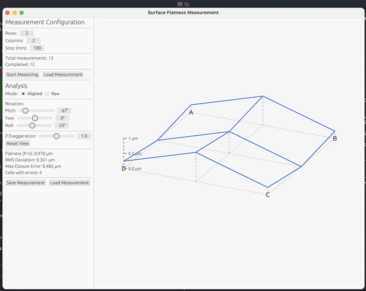I'm coding a GUI app that allows gathering surface measurements, to create a surface profile, and figure out overall flatness. It can be used, for example, for measuring precision surfaces like surface plates or machine parts. I use Rust and egui, and it's really nice so far