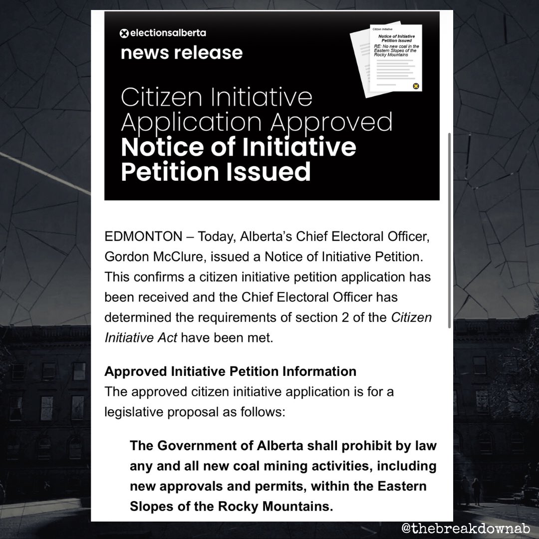 Corb Lunds petition for the government to outright ban coal mining in the eastern slopes has been approved!

Now the CFO is selected and then signature collection can begin!

#abpoli #ableg #cdnpoli