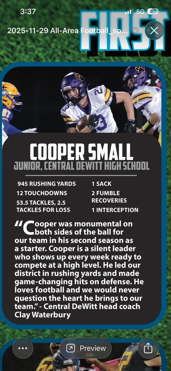 Thankful to receive 1st team all area clinton herald award