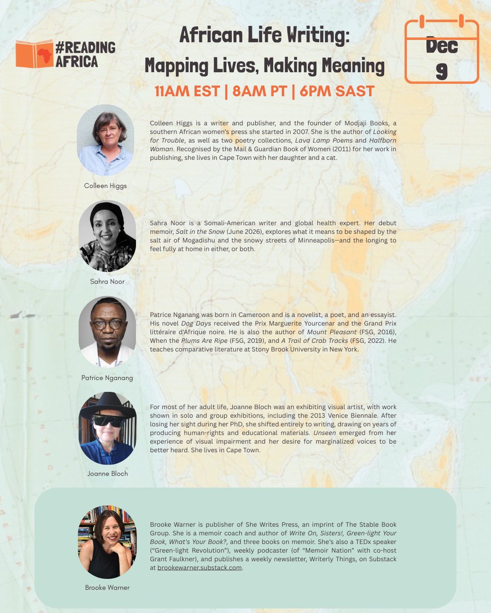 Join us tomorrow for African Life-Writing: Mapping Lives, Making Meaning. Date: Tuesday, December 9 |11AM EST | 8AM PST | 6PM SAST
Cost: Free | Link to Register: tinyurl.com/bdetaxf9
If you can't make it, sign up, and we will email you a link to watch it later!
#ReadingAfrica
