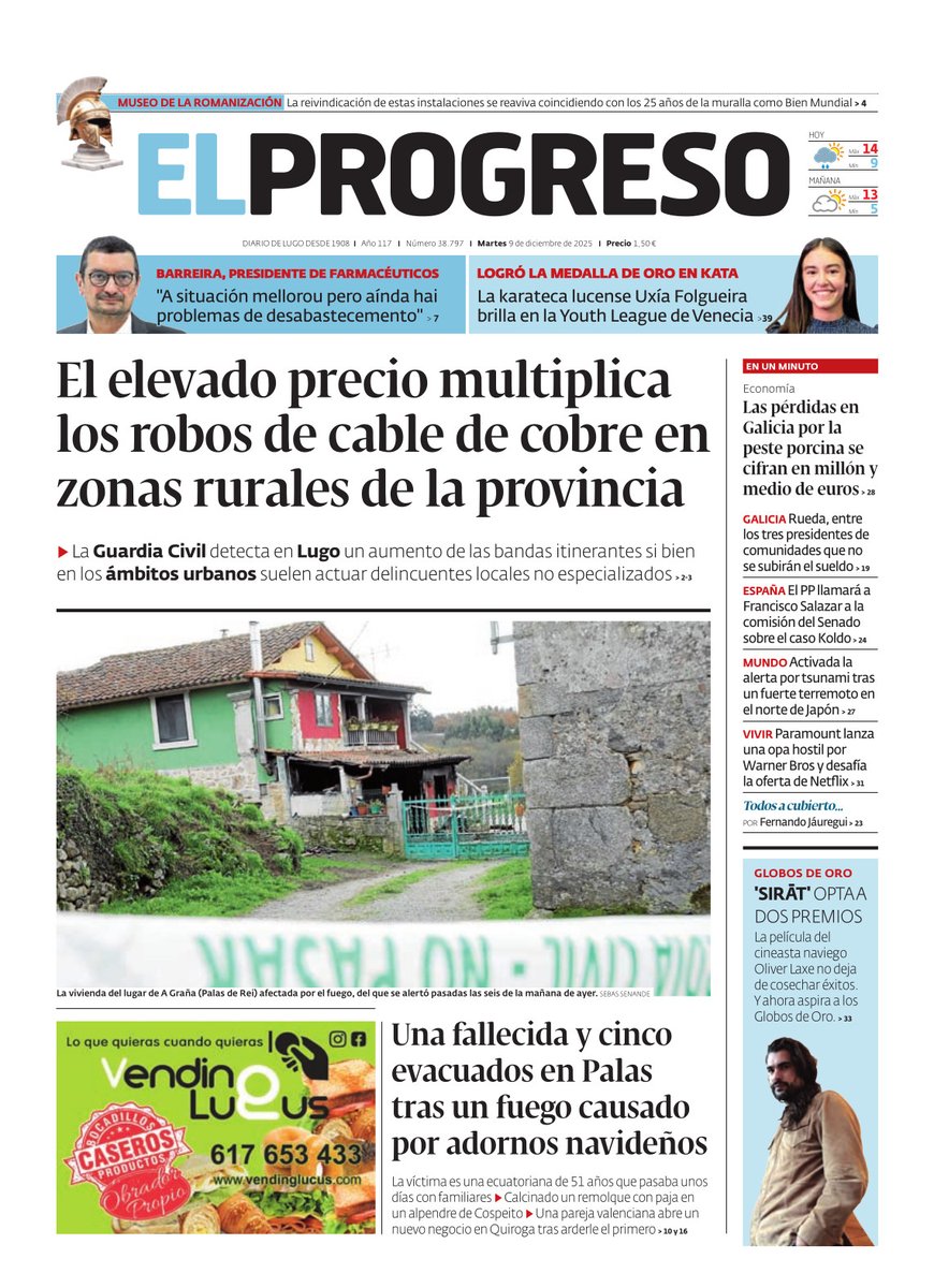 elprogreso_Lugo's tweet photo. #PortadaEP 📰 El aumento de los robos de cable de cobre en la provincia y el trágico incendio ocurrido en Palas de Rei, en la portada de El Progreso de este martes 9 de diciembre https://t.co/kCh2XTSwhp