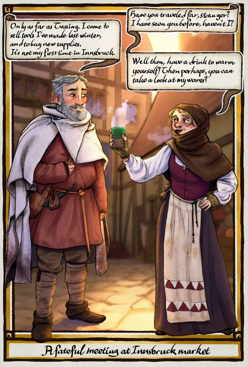 The piece I did for <a href="/PalimpsestZine/">Palimpsest: A Pentiment Zine</a> is a meet cute at the market for Endris and Resi 🥰
The finished zine is an absolute treat, gorgeously illustrated and professionally edited, go check it out please!
#pentiment #zine