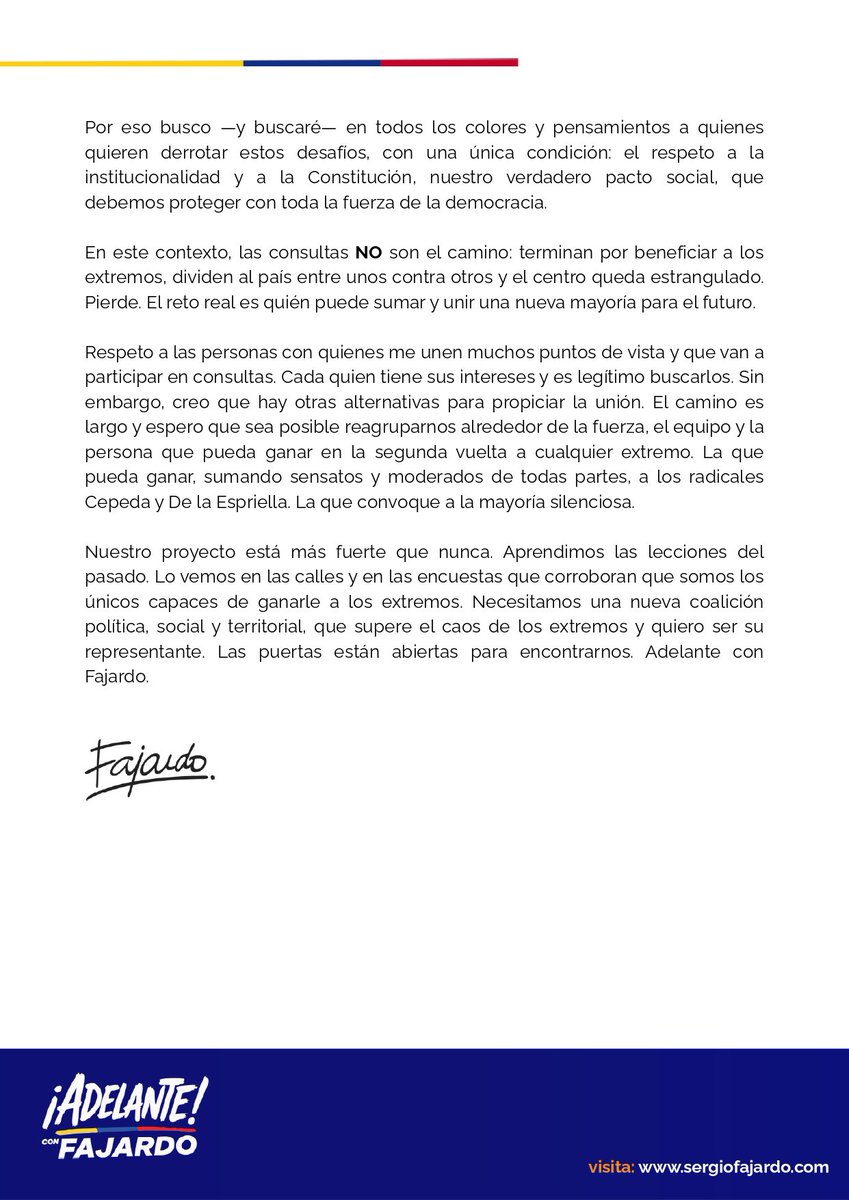 🚨Declaración a la opinión pública🚨

Llevo un año caminando Colombia, y el clamor es unánime: estamos AGOTADOS de la polarización y de la política de unos contra otros. Es hora de dejar los extremos ATRÁS. El enemigo de los colombianos no son los colombianos mismos; nuestros