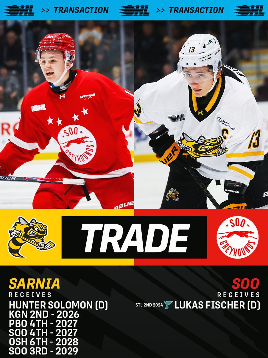The Hounds just reeled in a big Fischer! 🎣

The <a href="/OHLHoundPower/">Soo Greyhounds</a> have acquired the #STLBlues prospect from the <a href="/StingHockey/">Sarnia Sting</a> in exchange for Hunter Solomon and five draft picks.

DETAILS 🗞️: tinyurl.com/36kmp5xz