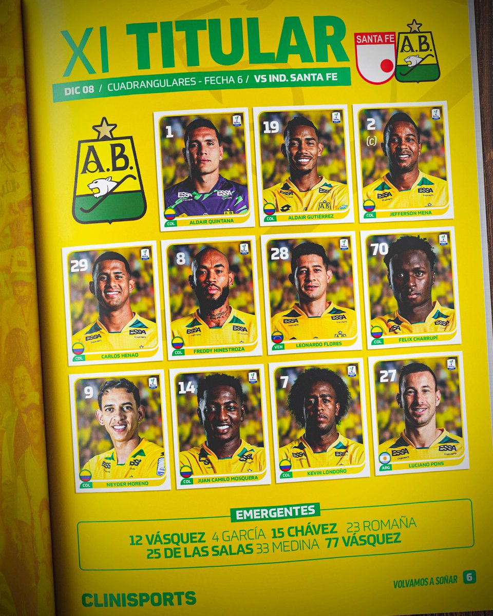 ✍🏻Conoce nuestro 11 inicial para enfrentar a Independiente Santa Fe por la fecha 6 de los cuadrangulares semifinales.