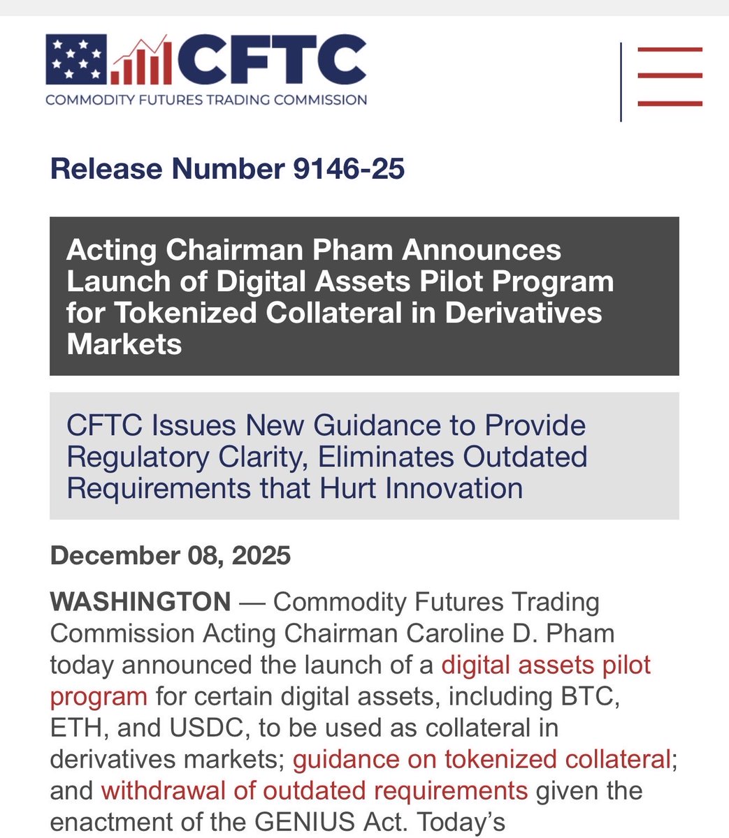 CFTC 보도자료: 대행 의장 캐롤라인 D. 팜이 파생상품 시장의 토큰화 담보를 위한 디지털 자산 파일럿 프로그램 출범을 발표