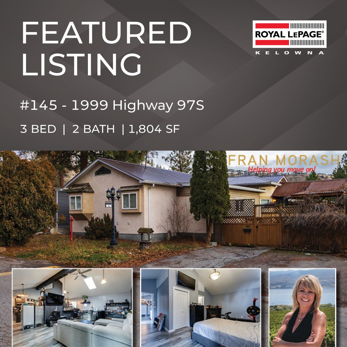 Franmorash's tweet photo. Presenting #145 - 1999 Highway 97 S 🏡
Contact Fran Morash to arrange a personal viewing today at 250-864-4537
Full property details can be viewed on our website (link in bio).
.
.
.
.
#royallepagekelowna #royallepage #realestate #realtor #realestateagent #realtorlife #realestate https://t.co/i0h1cEcM5d