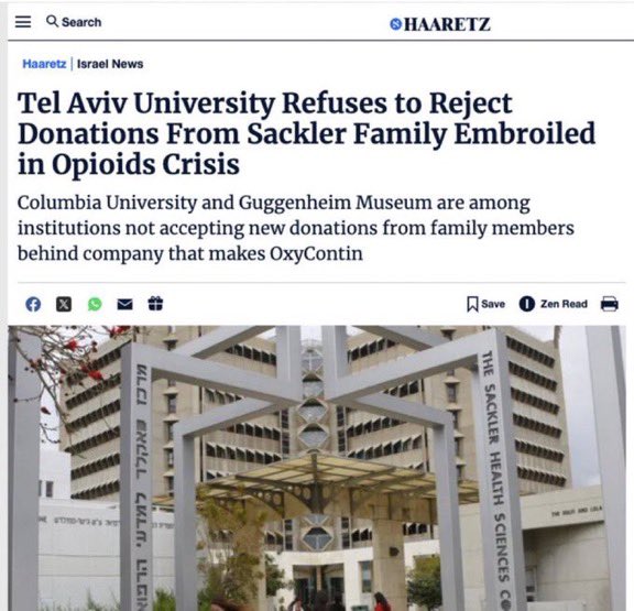 The Sackler school of medicine was located in Tel Aviv…

They were forced to change the name but they would never reject the money. 

They’re Israeli patriots and their blood money kiIIing Americans is still being profited from in lsraeI.