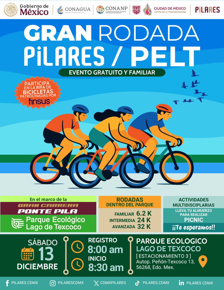 CdmxPilares's tweet image. 🚴🏻‍♀️ ¡Prepara la bici y la mejor actitud! 🚴🏻‍♂️
Este sábado te esperamos en la Gran Rodada #PILARES/PELT, donde podrás recorrer el Parque Ecológico Lago de Texcoco con rutas para todos los niveles.🚲

📆 Sábado 13 de diciembre
⏰ 8:30 am
📍Parque Ecológico Lago de Texcoco
🔗…