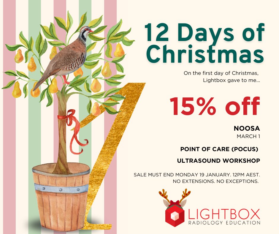 LightboxRad's tweet image. LIGHTBOX’S 12 DAYS OF CHRISTMAS
Merry Christmas from Lightbox! On the first day of Christmas, Lightbox gave to me… 15% OFF Point of Care Ultrasound (PoCUS) Workshop RRP $890 NOW $756.50. bit.ly/3YvmnSy