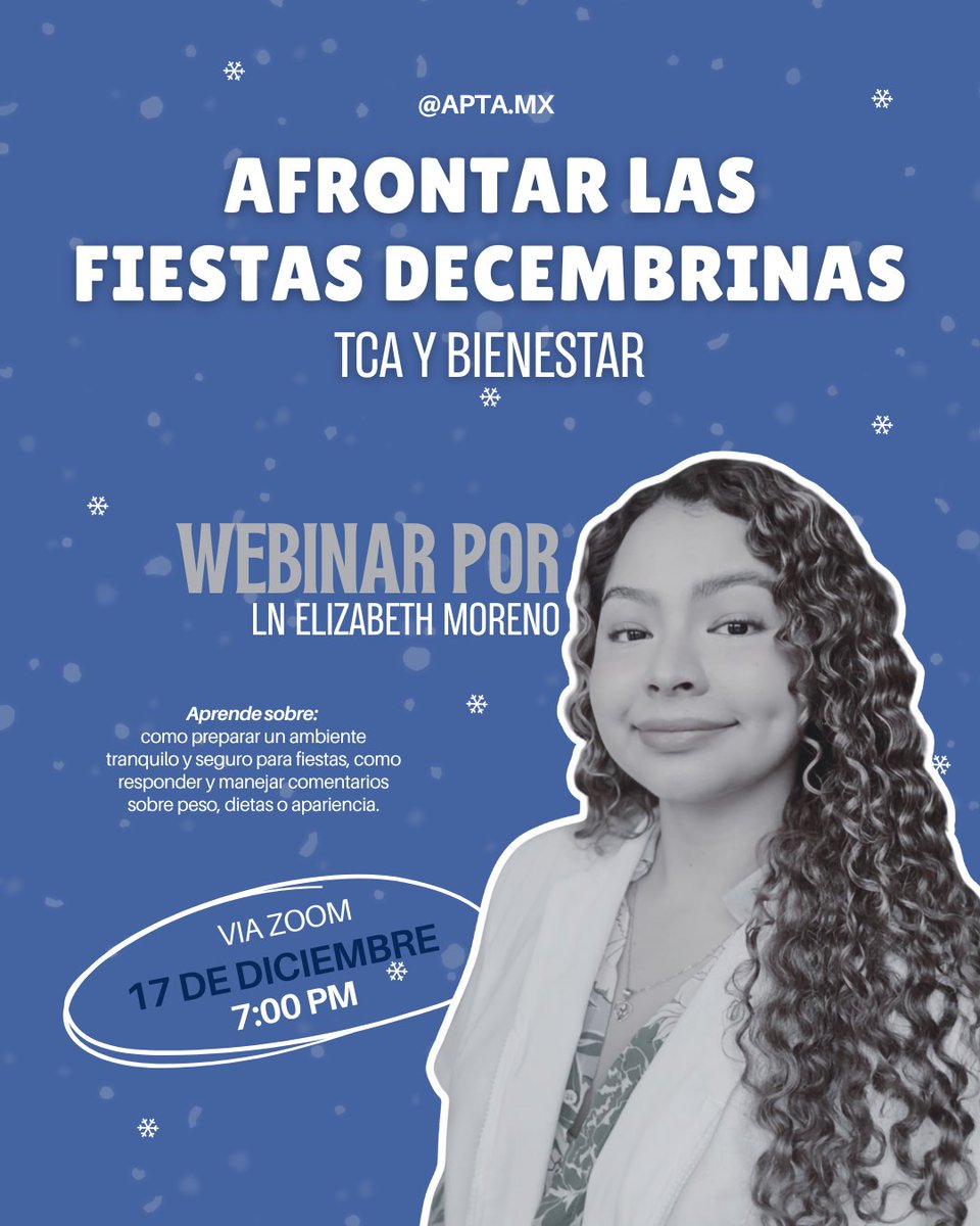 APTA_mx's tweet photo. Nuestra ponente será Elizabeth Moreno Vega, nutrióloga especializada en TCA, con formación en diabetes y salud hormonal femenina. Acompaña a las personas a construir una relación más compasiva y libre de culpa con la comida.
Si quieres unirte y recibir el enlace, mándanos DM. 💙 https://t.co/WIUkmK1diT