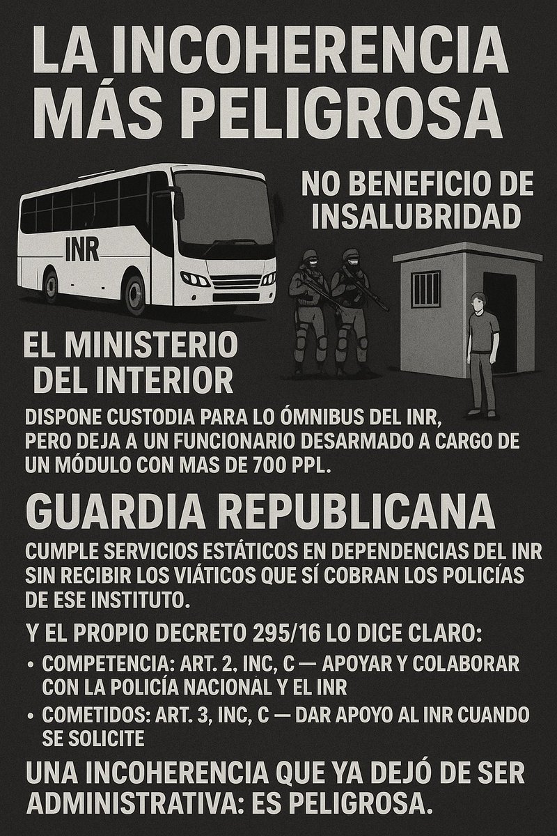 🚨EXCLUIDOS🚨

La incoherencia más peligrosa

Primero, excluyeron del beneficio por insalubridad al Escalafón L: justamente quienes tienen el contacto más directo, permanente y riesgoso con los PPL.
El Ministerio del Interior dispone custodia para los ómnibus del INR, donde