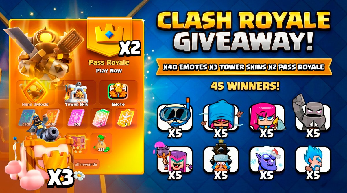 Dcmat's tweet image. 🎁 The BIGGEST Clash Royale Giveaway Ever 🎁

🎉 45 WINNERS: X40 Emotes, X3 Tower Skins &amp;amp; X2 Diamond Pass Royales 🎉

To participate:
🔁 Retweet
🔴 Sub to our YT channels (links in comments)
💬 Comment the emote you want the most

Winners in 96 hours! 🍀