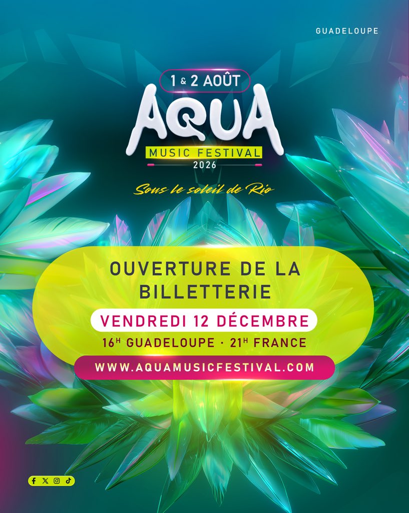 🇧🇷☀️ Le chant et la musique des Cariocas nous appellent sous le Soleil de Rio les 1er et 02 août prochains !

📆 Ouverture de la billetterie ce vendredi 12 décembre, 16h (Gpe) | 21h (France).

🎭💃 Embarquez dès à présent pour cette nouvelle aventure : aquamusicfestival.com