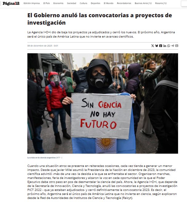 FerEspinozaOK's tweet image. Otro triste récord para el gobierno de Javier Milei: en 2026 la Argentina será el único país de América Latina que no invertirá en Ciencia por la decisión de anular las convocatorias para proyectos de investigación e ignorar los adjudicados hace ya más de dos años.