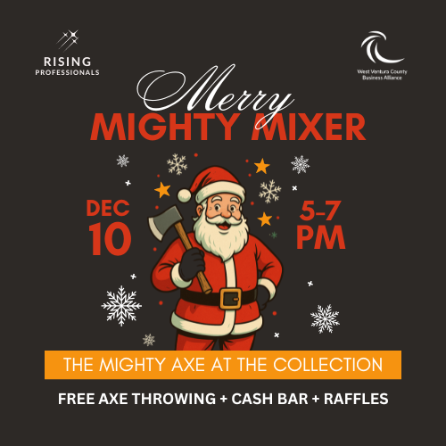 wvcballiance's tweet image. Celebrate the festive season at the #RisingProfessionals Merry Mighty Mixer! Connect with fellow #YoungProfessionals at @The_Mighty_Axe #Oxnard while enjoying free axe throwing, a cash bar, and raffle prizes. More info: tinyurl.com/4eddphnc