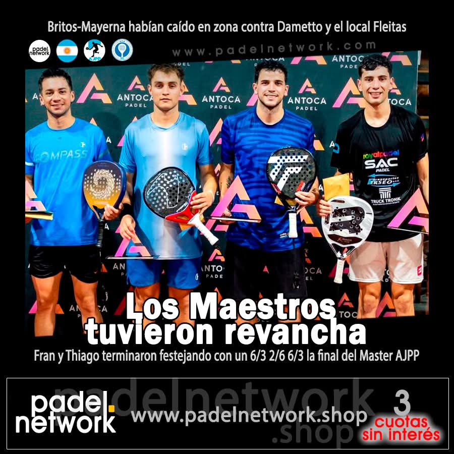 Thiago Mayerna gana su primer Master Final y lo hace junto a su socio Francisco Britos: 6/3 2/6 6/3 a Juampi Dametto y el local Fede Fleitas. Los campeones se tomaron revancha de la derrota en fase de grupos. En semis, Leite-Luco y Videla-De Marco. padelnetwork.com/ajpp/2025/dici…
