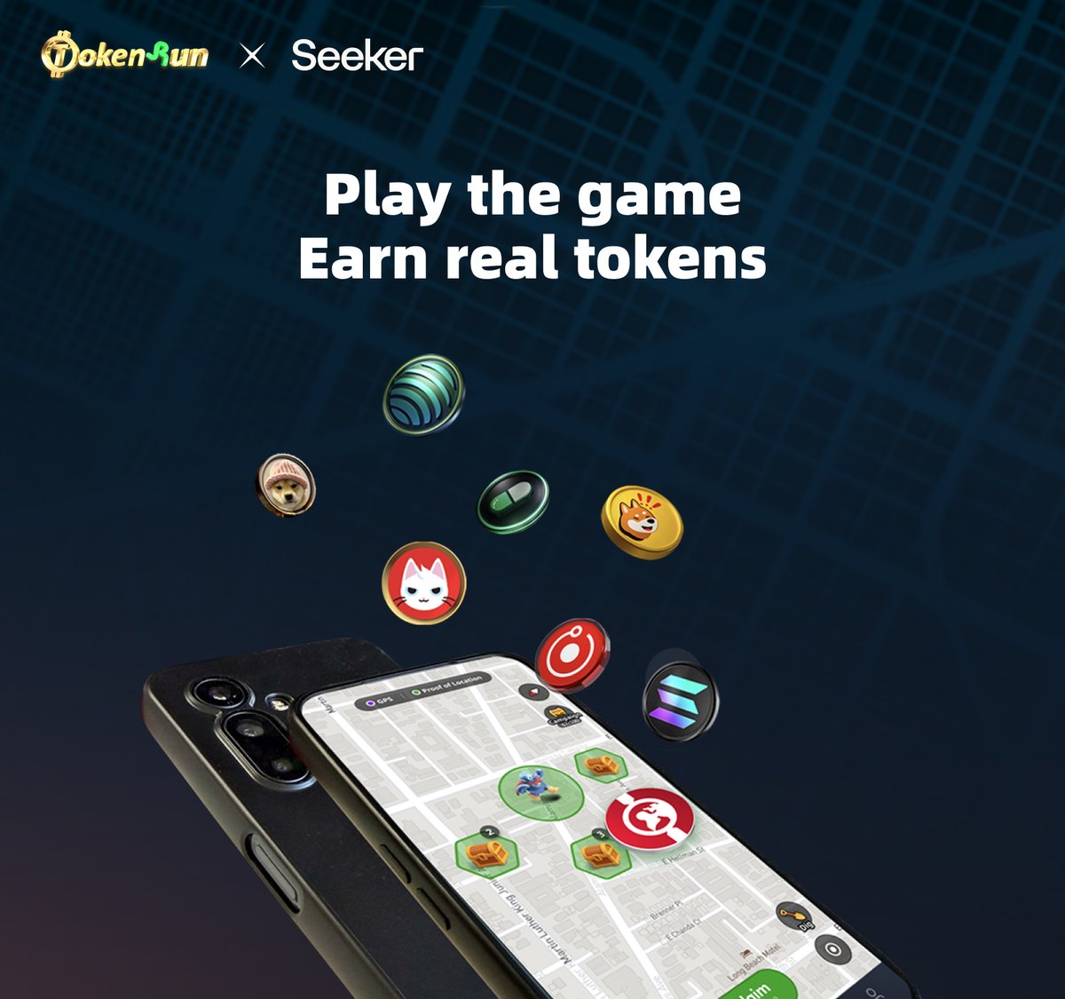 Solana Mobile Seeker TokenRun app interface showing steps to earn tokens