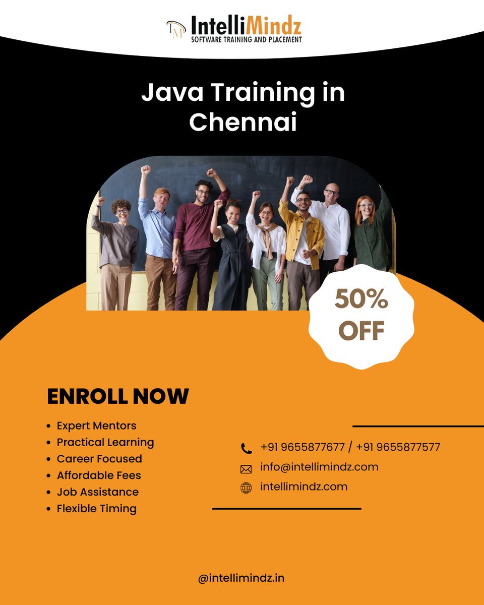 Zayn__27S's tweet image. Get job-ready with Java Training in Chennai at Intellimindz! 🔥
Flat 50% OFF on industry-focused Java programming &amp;amp; certification. Learn Core Java, Advanced Java &amp;amp; more. Limited seats—enroll now! 🔗tinyurl.com/javaTrainingIGS  #JavaTraining #Chennai #TrainingInstitute #JavaDeveloper