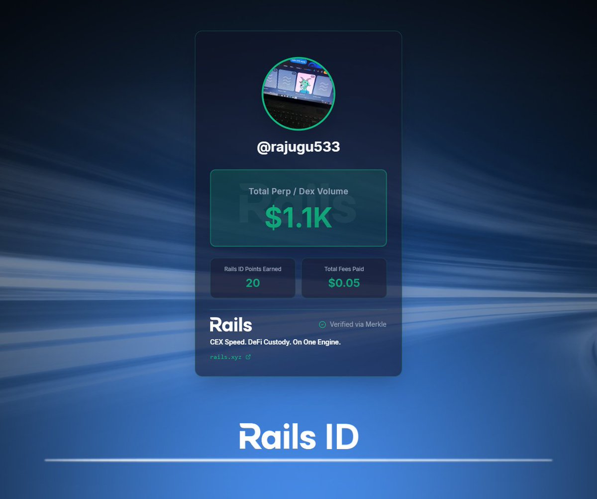 I just got my Rails ID. It pulls my DEX volume history into a single card and shows 20 Rails ID Points earned so far.

 Now it’s all about Rails Play: <a href="/rails_xyz/">Rails</a> ’s perps training ground.

Claim your Rails ID now: quest.rails.xyz/onboard?r=raju…