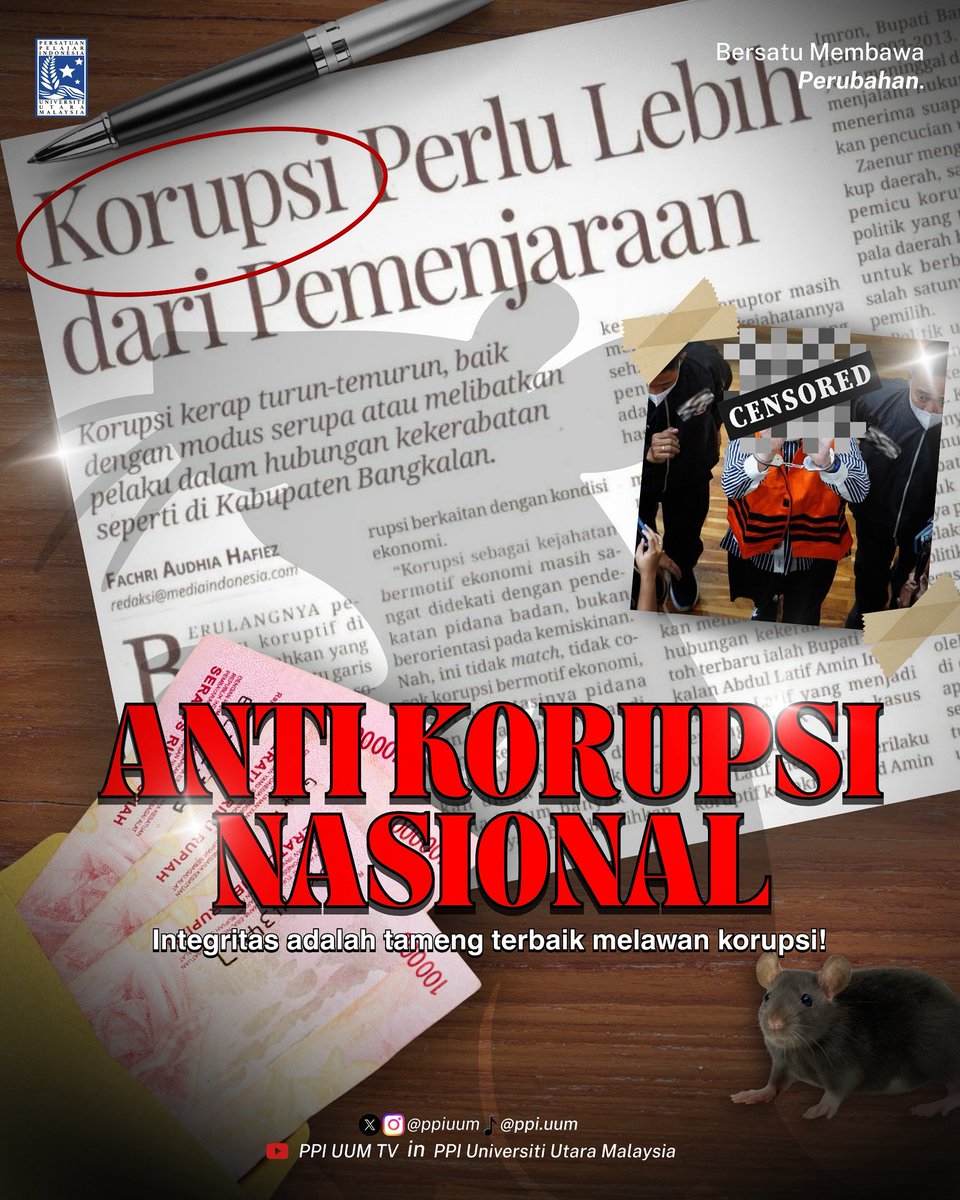 ppiuum's tweet image. Integritas perlu menjadi pilihan sehari-hari. Berani berkata tidak, berani menjaga amanah, dan berani menolak jalan pintas yang merugikan. Masa depan yang bersih dan kuat hanya lahir dari tangan-tangan yang jujur.

Bersama kita melawan korupsi!!
