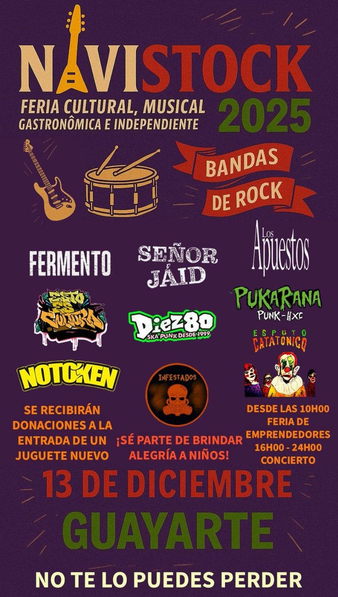 Se viene el NAVISTOCK. La oportunidad para mostrarnos solidarios Rockeando. 
Sábado 13 de Diciembre 2025 en Guayarte (Guayaquil). Detalles en la volante !!