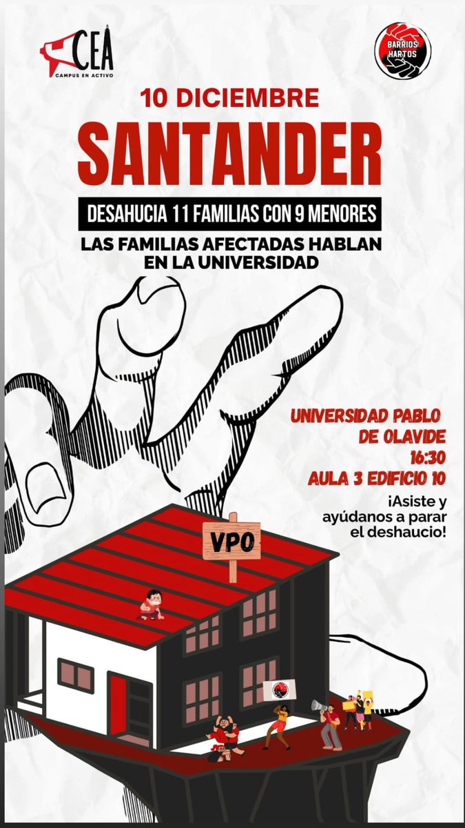 🚨Las 11 familias de la C/Verdad y sus 9 menores continúan esperando una solución que les permita seguir en sus hogares. 

El 10/12 a las 16:30h estaremos con ellas en la UPO explicando su situación. Las VPO tienen que cumplir la función para las que fueron construidas