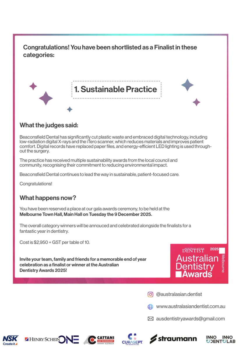 Lisa and Robert are excited to be attending the Australian Dental awards tonight. 
We are proud to be a finalist in the category of Sustainability. 
If you would like to read our initiatives
visit 
Beaconsfielddental.com.au 
Click on “about us” followed by 
Environmental policy