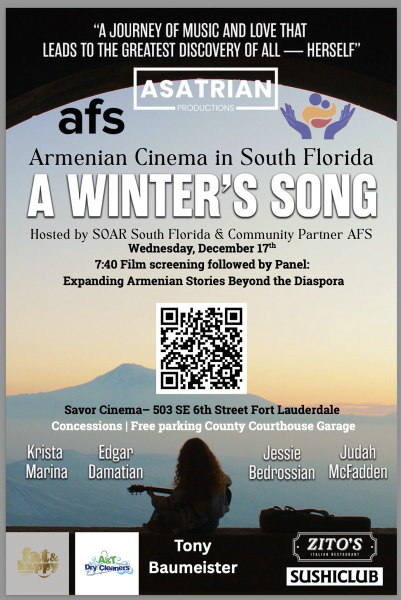 🎬 “A Winter’s Song” premieres Dec 17 in Fort Lauderdale! #ArmenianCinema screening + panel on expanding diaspora stories with Krista Marina, Edgar Damatian &amp; more. Red carpet 6pm, film 7:40pm at #SavorCinema. Presented by #SOARSouthFlorida &amp; #ArmenianFilmSociety 🎥✨