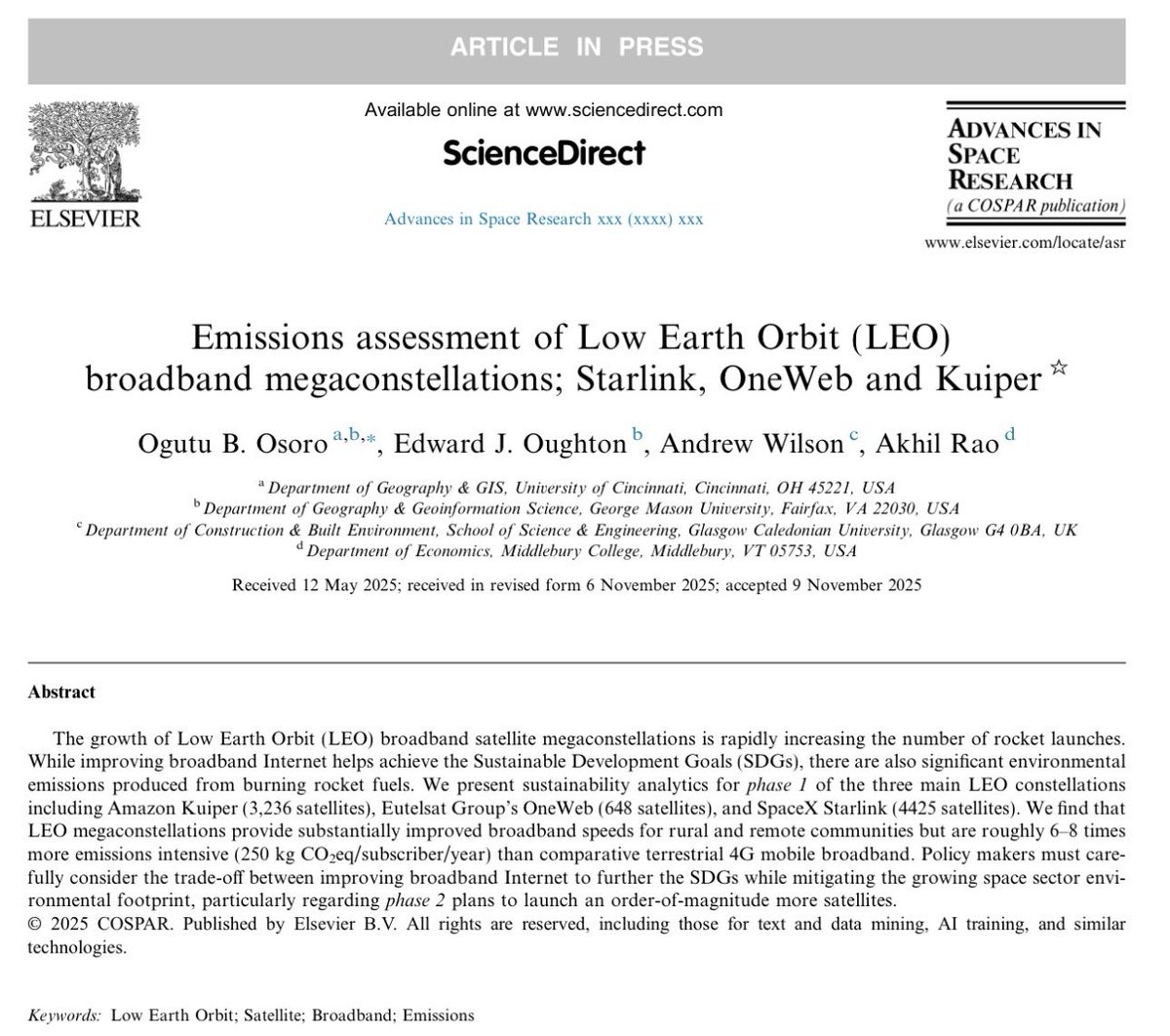 BonfaceOsoroKE's tweet image. My last journal paper for 2025 is out!

In this work, we quantify the #emission &amp;amp; financial cost of placing Low Earth Orbit (LEO) satellites 🛰️ like #Starlink, #OneWeb, #Kuiper (Amazon) in space against the capacity (Mbps) they provide to users.