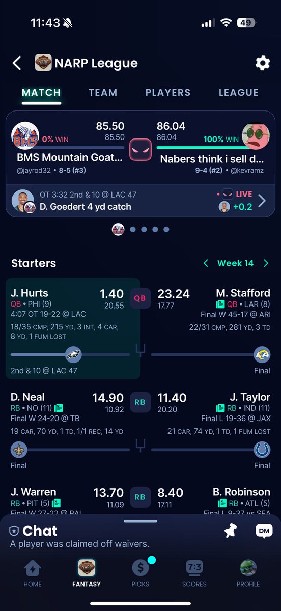 Jayrod_95's tweet photo. @TheFFBallers is this THE all time bad beat? I had Jalen hurts he had Devonta smith. Winner gets a bye week. https://t.co/AFjCYnA61u
