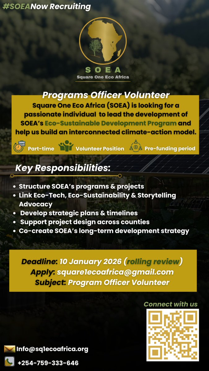 <a href="/S1EcoAfrica/">Square One Eco Africa</a> is recruiting 3 part-time volunteers!
• M&amp;E Volunteer
• Finance &amp; Admin Volunteer
• Programs Officer Volunteer
Check out the roles on sq1ecoafrica.org/careers/
📩 Apply: square1ecoafrica@gmail.com (CV + motivation letter)
Rolling review. Join us!