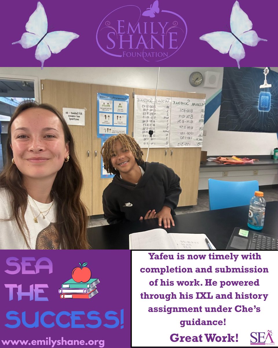 Yafeu is making amazing progress with the support of his SEA Program mentor/tutor, Che.✨ Together they're turning challenges into achievements!💜

#TheEmilyShaneFoundation #SuccessStories #SEAProgram #MentorshipMatters #ActsOfKindness #HelpingHands #MakeADifference