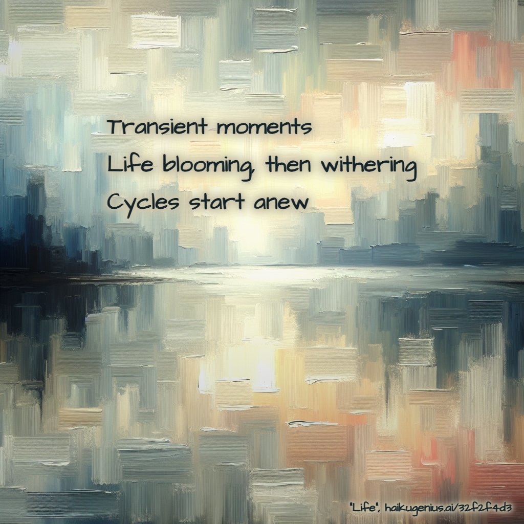 Transient moments
Life blooming, then withering
Cycles start anew
"Life", haikugenius.ai/32f2f4d3

✨ Create your own beautiful haiku with stunning generative art—free and no signup needed! Try it now: haikugenius.ai

#Life #haiku #haikudaily #haikuoftheday #dailyhaiku