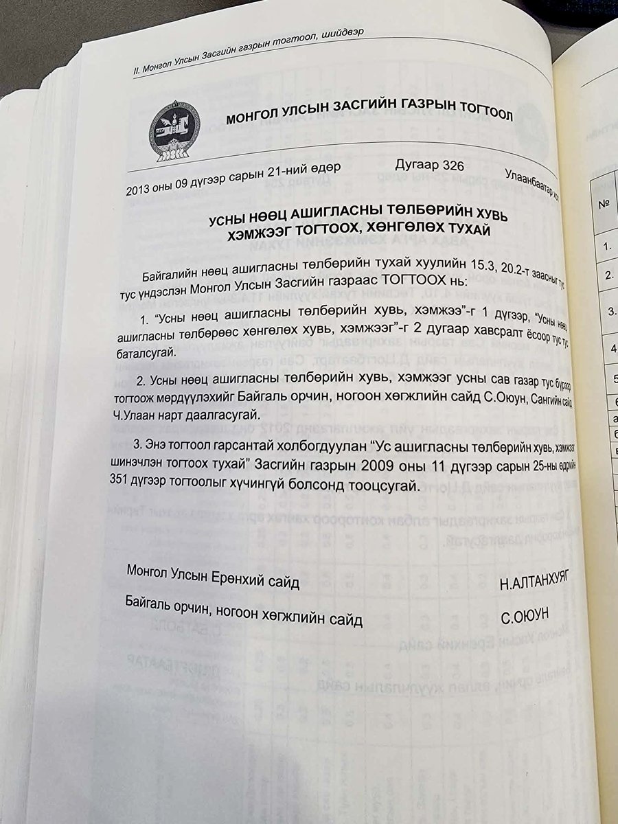 💧 2013 онд Усны нөөц ашигласны төлбөрийн хувь хэмжээг тогтоох, хөнгөлөх тухай Засгийн газрын тогтоолыг <a href="/Munkherdem52321/">Munkherdem Gombosuren</a> бид (БОНХЯ) батлуулснаар Уул уурхайд 1 тонн усыг 100 төгрөгөөр ашиглаж байсныг зогсоож, төлбөрийг дунджаар 10 дахин нэмэгдүүлж, 1 тонн усны төлбөрийг 1
