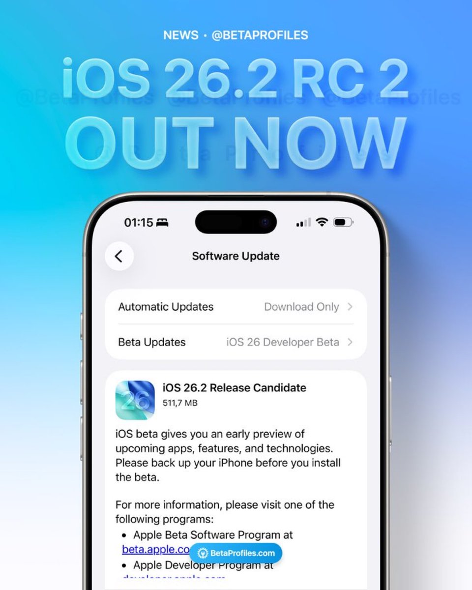 ariangu's tweet photo. iOS 26.2 RC re-released, update now. https://t.co/Uh2h4SJCit