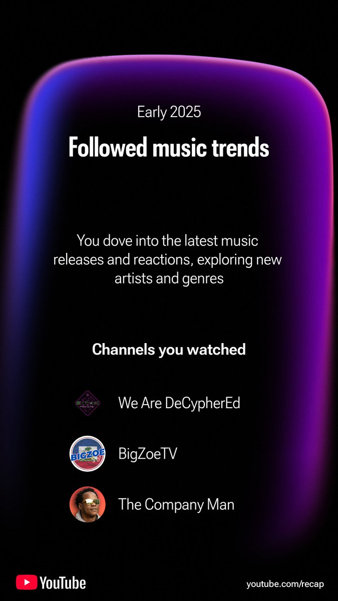 My YouTube wrapped for 2025 <a href="/wearedecyphered/">WeAreDeCypherEd</a> <a href="/TheCompanyMan/">Justin L. Hunte</a> and <a href="/bigzoetv/">Bigzoetv</a> I became a fan during the beef but I stayed a fan because of what you do! You are all amazing. Wishing you nothing but more success and increase in 2026.