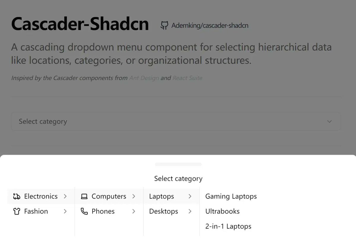 jqueryscript's tweet image. Cascader-Shadcn: hierarchical dropdown for nested data 👇

next.jqueryscript.net/shadcn-ui/hier…

✓ Click/hover expansion
✓ Keyboard navigation
✓ Mobile responsive
✓ Custom rendering
✓ Shadcn compatible

Perfect for locations, categories, org structures