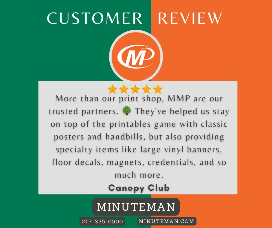 Minuteman_CU's tweet image. Thanks, Canopy Club! Have a project of your own? We design, print, and promote you! Call 217-355-0500, write minuteman@cuPrinting.com, or click on the link to request a quote. minuteman.com/us/locations/i…  
#CanopyClub #DesignPrintPromote #ChampaignPrinting #MinutemanPrinting