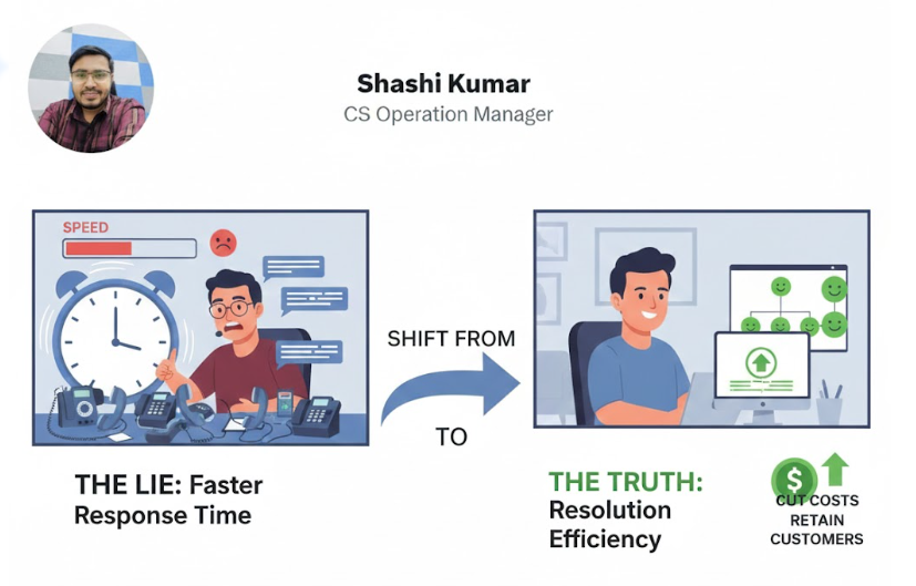 mailshashi25's tweet photo. The biggest lie in CX is that faster response time = better service. We need to shift from speed to resolution efficiency. That's where you retain customers and cut costs.
#CSOps #CXStrategy https://t.co/yWpt7Gb5GH