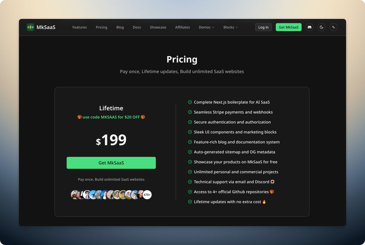 🎁 MkSaaS 公式サイトが更新され、配信モデルが大幅に改善されました!
MkSaaS は配布に Affonso プラットフォームを使用しており、最近更新されて「プログラム クーポン」という非常に便利な機能が追加されました。
以前